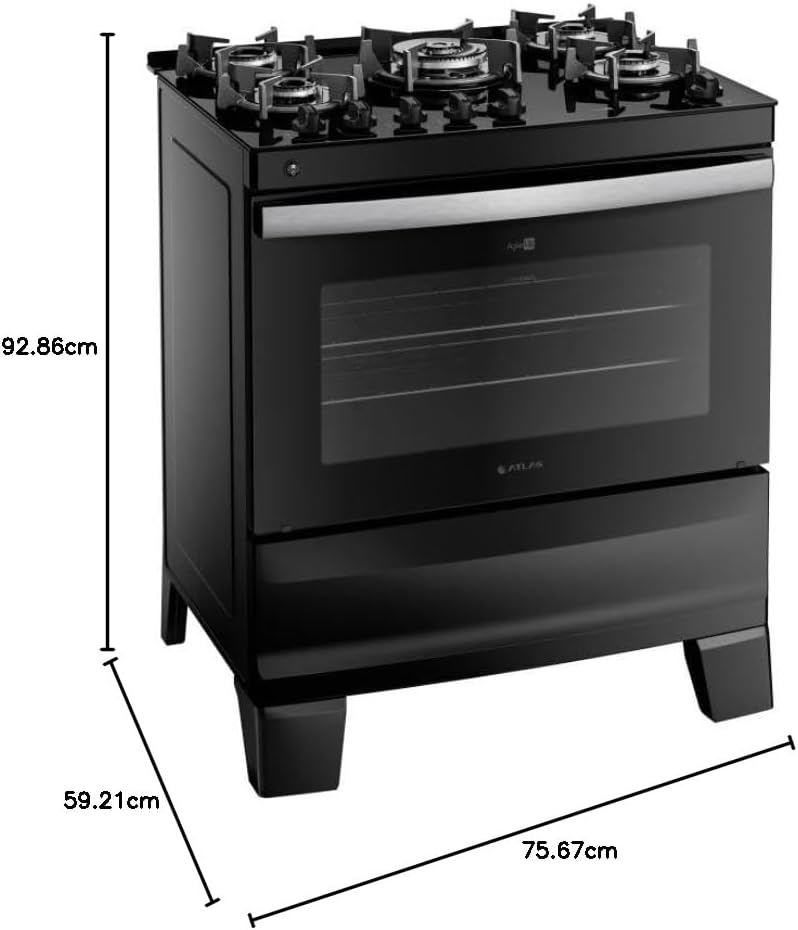 Fogão 5 Bocas Preto com Mesa de Vidro Atlas Agile Up Bivolt