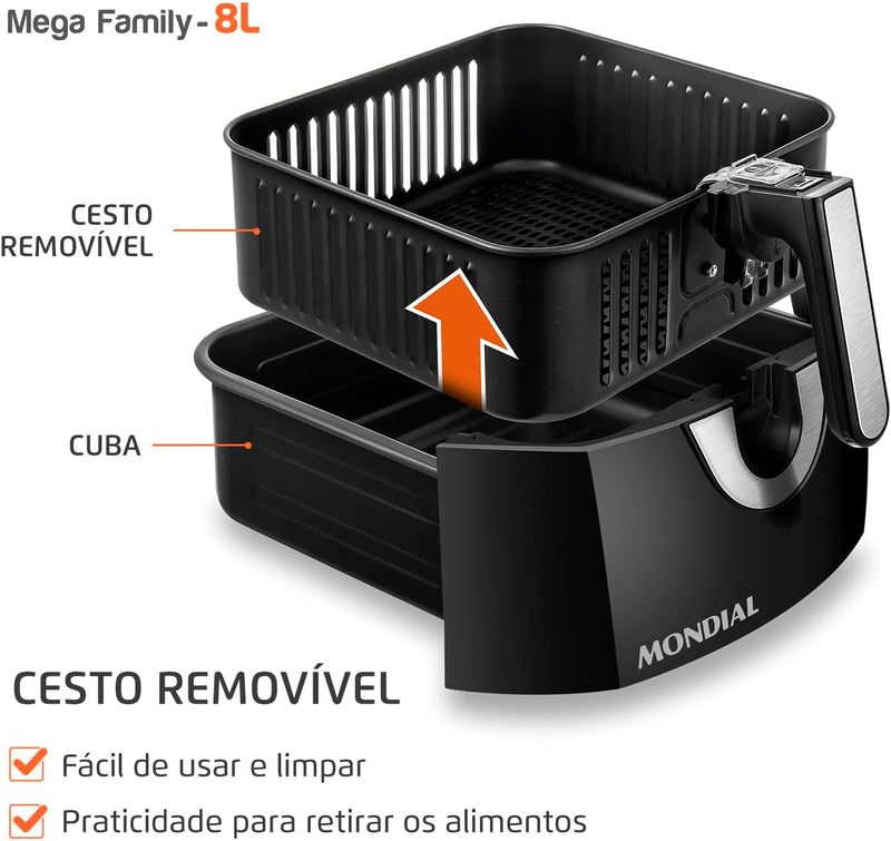 Fritadeira Sem Óleo Air Fryer 8L, Mondial, Preto/Inox, 1900W, 110V - AFN-80-BI