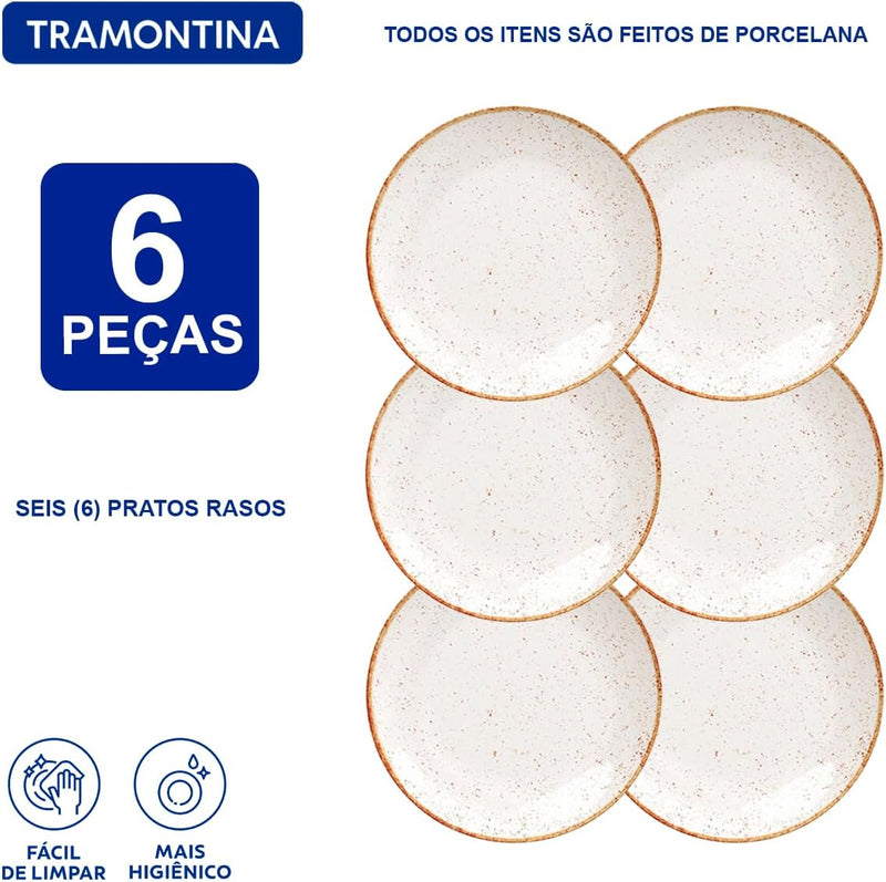 Aparelho de Jantar Jogo de Pratos Rasos Barô by Tramontina 25 cm Rústico Marrom Porcelana Decorada 6 Peças