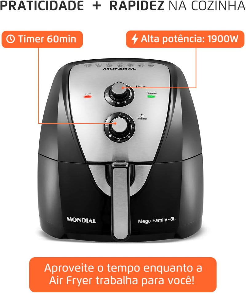 Fritadeira Sem Óleo Air Fryer 8L, Mondial, Preto/Inox, 1900W, 110V - AFN-80-BI