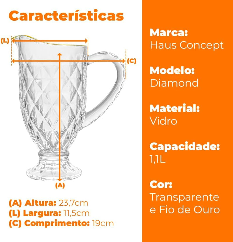 Jogo de Taças e Jarra de Vidro Diamond Fio de Ouro 7 peças - Haus Concept Brinox