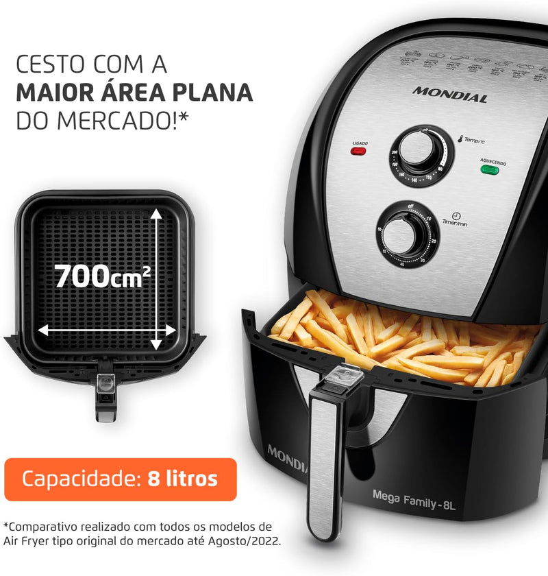 Fritadeira Sem Óleo Air Fryer 8L, Mondial, Preto/Inox, 1900W, 110V - AFN-80-BI