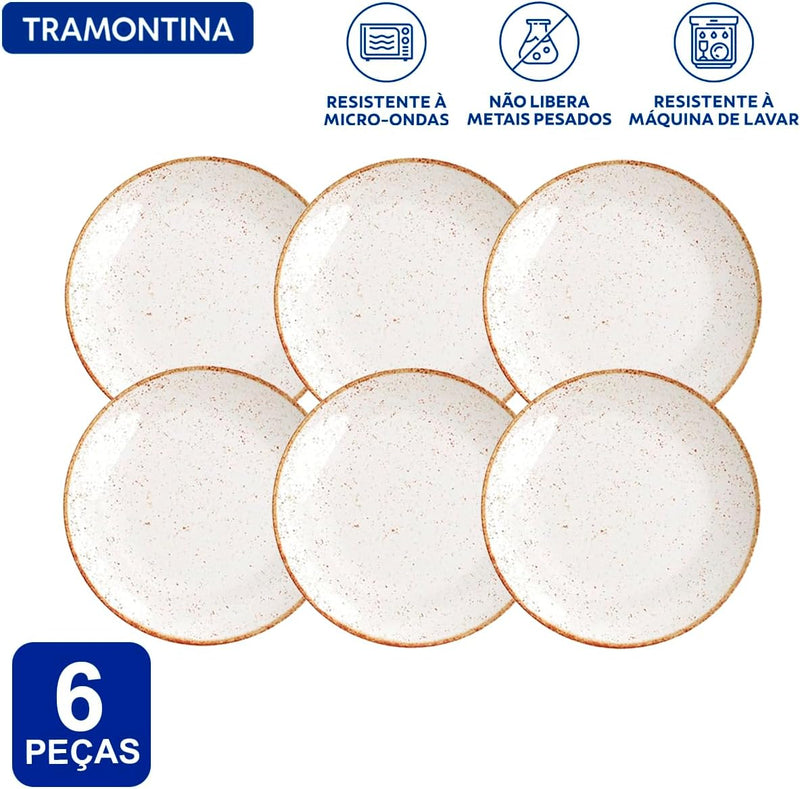 Aparelho de Jantar Jogo de Pratos Rasos Barô by Tramontina 25 cm Rústico Marrom Porcelana Decorada 6 Peças