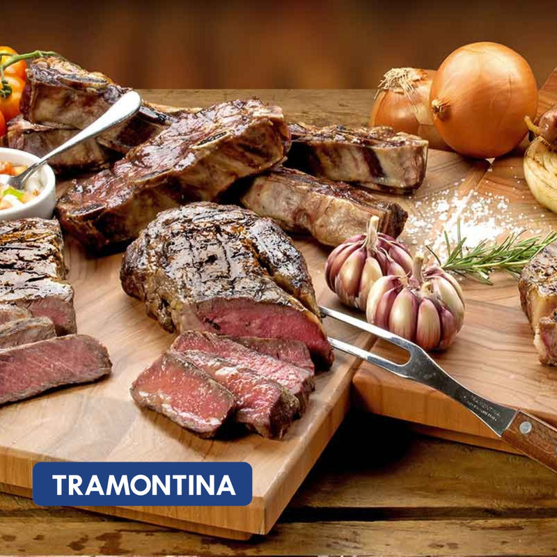 Jogo Para Churrasco Com Lâminas Em Aço Inox E Cabos De Madeira Natural 3 Peças Tramontina