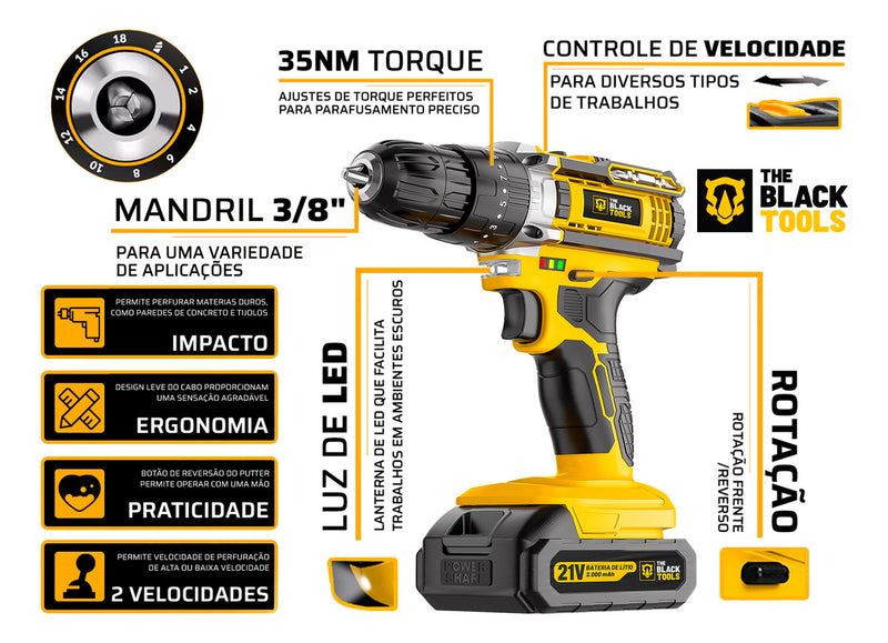 Parafusadeira E Furadeira Impacto The Black Tools Tb-21pw 21v 3/8 Cor Amarelo Frequência 50/60 Hz 110v/220v