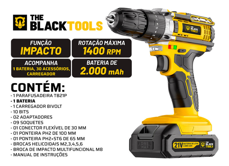 Parafusadeira E Furadeira Impacto The Black Tools Tb-21pw 21v 3/8 Cor Amarelo Frequência 50/60 Hz 110v/220v