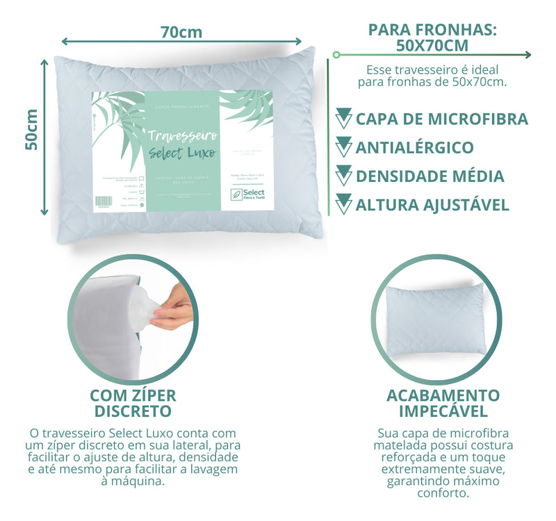 Kit 2 Travesseiros Select Luxo fibra antialérgica 70cm e 50cm branco