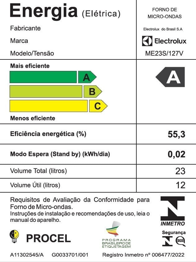 Micro-ondas ME23S 23L Efficient Com Descongelamento Assistido Cor Inox Electrolux 220V