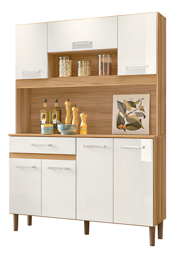 Armário Cozinha Magazin 120 7 Portas 1 Gaveta Nicioli Cor Freijó/off White Cristal