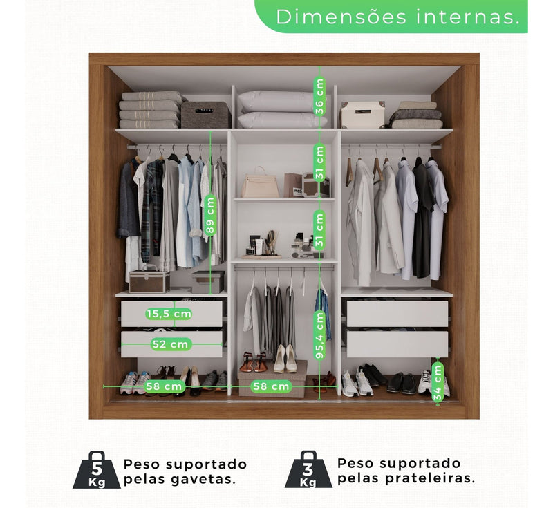 Guarda Roupa Casal 3 Portas Com Espelho 4 Gavetas Costa Rica