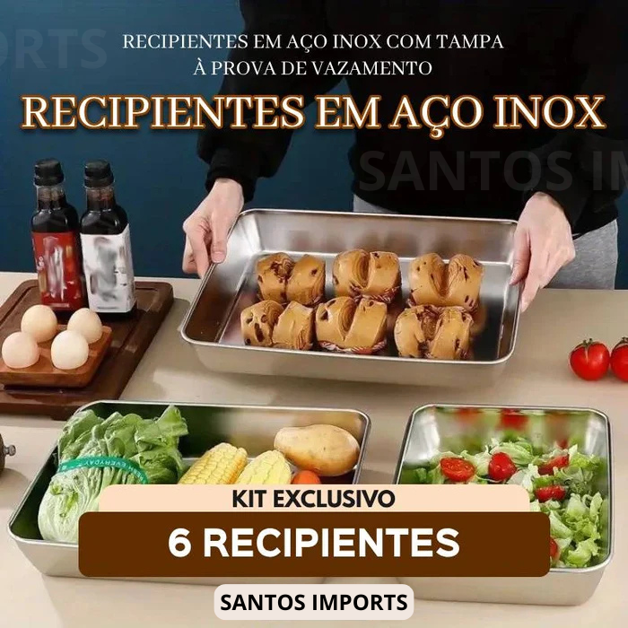 Conjunto de 6 Recipientes em Aço Inox com Tampa a Prova de Vazamento