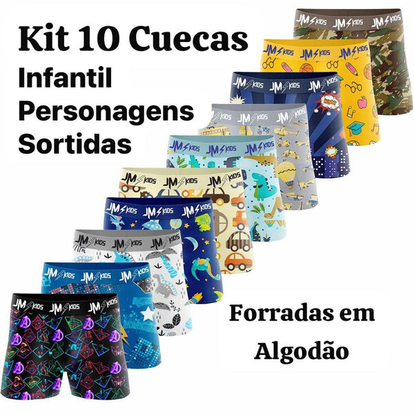 Kit Cueca Box Infantil com Forro 100% Algodão | Cuecas Estampadas com Personagens - Tamanhos de 2 a 10 anos