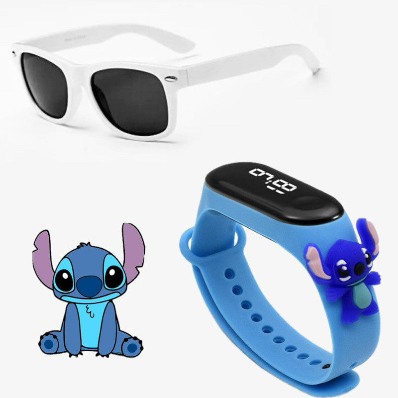Kit Hora de Brilhar – Relógio LED + Óculos Fashion! - Relógio Super Heróis Homem Aranha Homem de Ferro Hulk Stitch Menino Menina Criança PROMOÇÃO