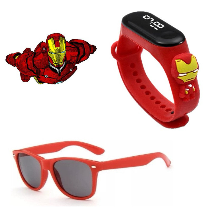 Kit Hora de Brilhar – Relógio LED + Óculos Fashion! - Relógio Super Heróis Homem Aranha Homem de Ferro Hulk Stitch Menino Menina Criança PROMOÇÃO