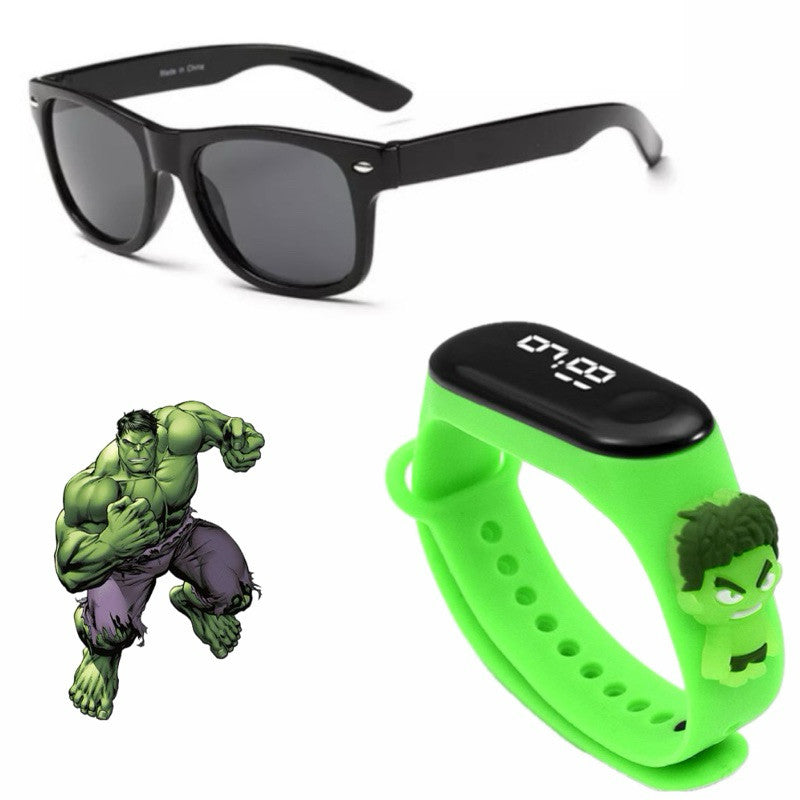 Kit Hora de Brilhar – Relógio LED + Óculos Fashion! - Relógio Super Heróis Homem Aranha Homem de Ferro Hulk Stitch Menino Menina Criança PROMOÇÃO